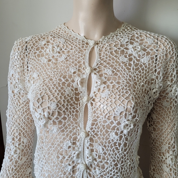 Vintage 60s Elegant Lace Crochet Cardigan Off-white Small - Picture 2 of 13